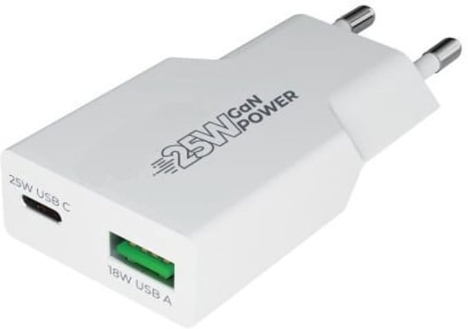 OneOne 25W snellader met 2 poorten. USB C en USB A. Platte GAN Quick Charge lader. PD PPS oplader adapter past op Apple iPhone 13 Mini, iPhone 13 Pro, iPhone 13 Pro Max, iPhone 14, iPhone 14 Plus, iPhone 14 Pro, iPhone 14 Pro Max