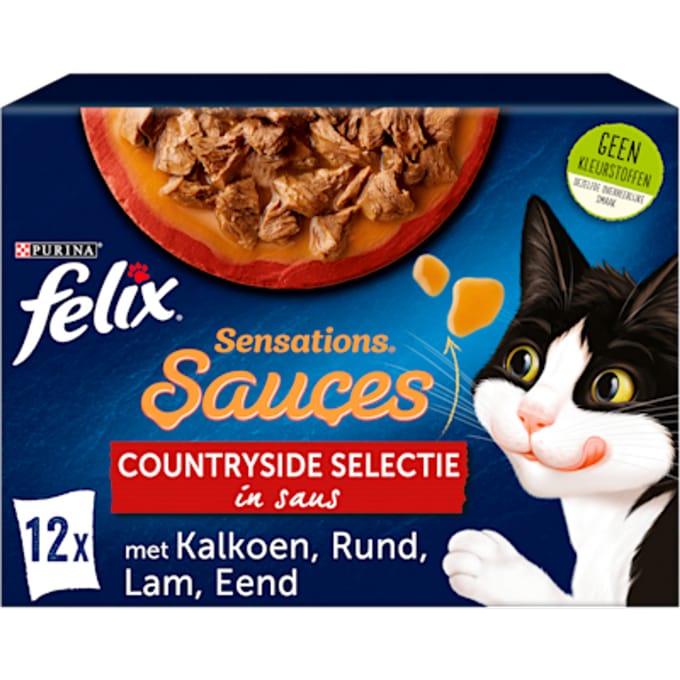 Felix Sensations Natvoer Kat - Countryside Selectie in Saus - 4x12x85g, Rund, Kalkoen, Lam, Eend