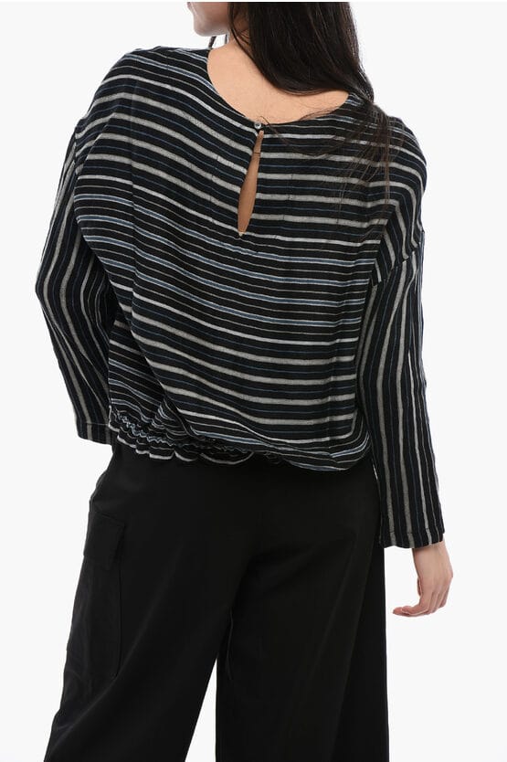 Gebalanceerde streep VARSITY linnenmix blouse in zwart
