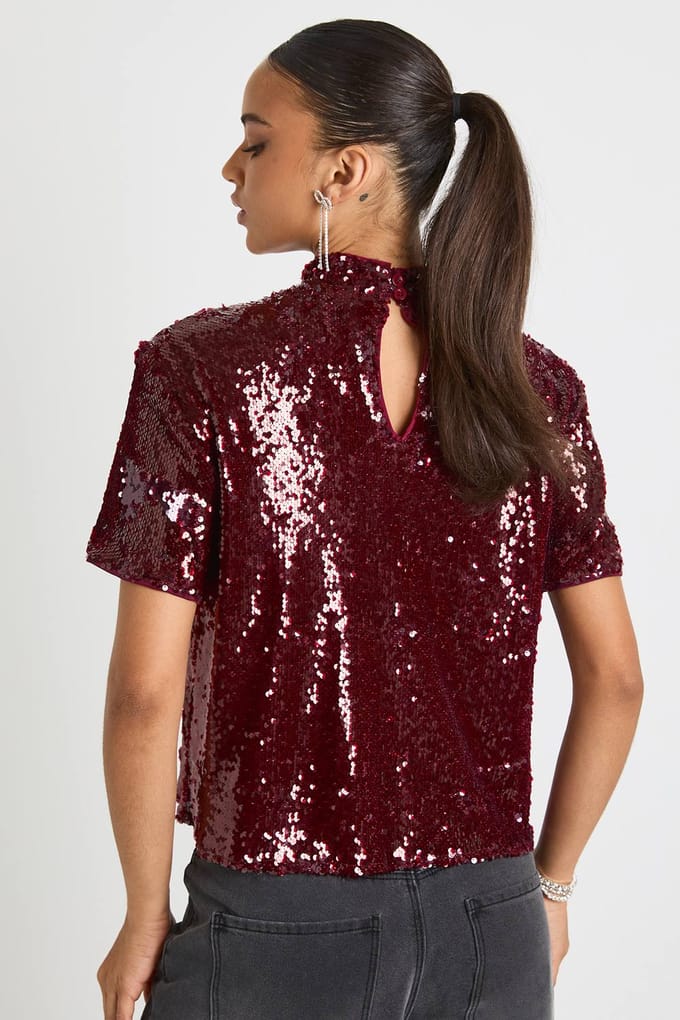 boohoo Dames Pailletten Schoudervulling Boxy T-shirt | Wijn | Maat: 34