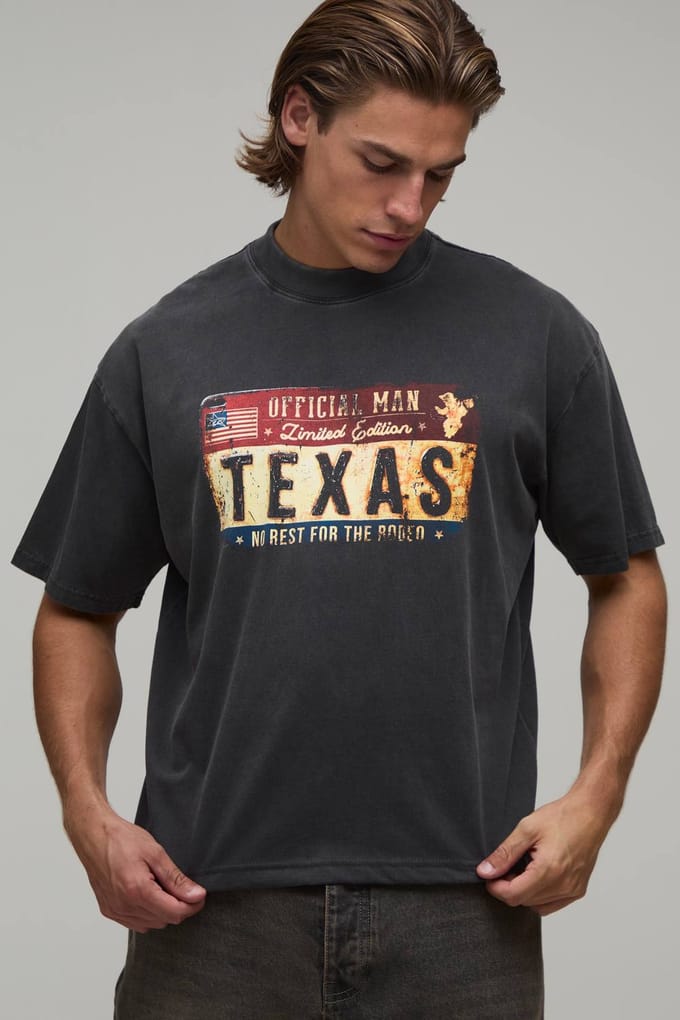 Oversized Boxy Gewassen T-shirt Met Texas Kentekenplaat | Washed Black | Size Medium