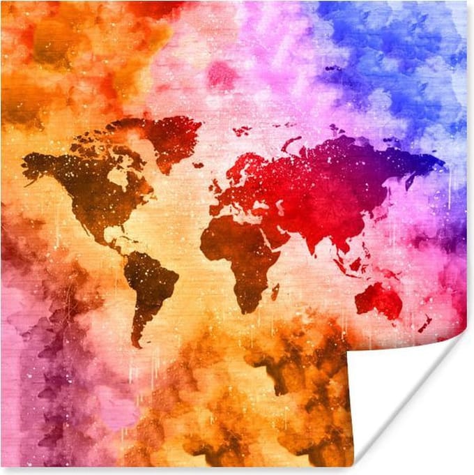 Muurdecoratie - Wereldkaart - Kleuren - Abstract - 50x50 cm - Poster