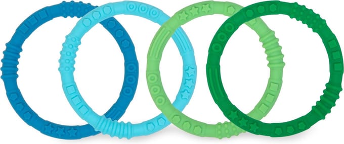 Bumkins Silicone Teething Rings - Siliconen Bijtringen voor Baby - Set van 4 Grijpringen - Zacht Bijtspeeltje voor Doorkomende Tandjes - Summer - Blauw Groen - Jongen - Vanaf 3 Maanden - Kraamcadeau - BPA-vrij - Vaatwasserbestendig