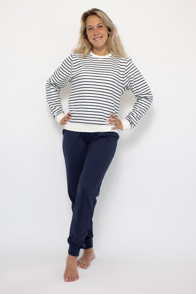 Joggingpak dames, Huispak dames - Bretonse streep ecru/marine - Maat XL