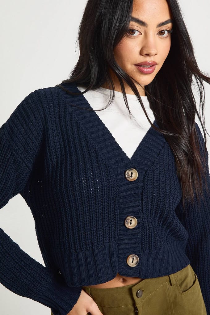 boohoo Dames Doorgeknopte crop cardigan | Navy | Maat: Large