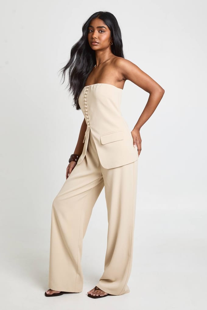 boohoo Dames Tailored Bandeau Wide Leg Jumpsuit | Stone | Maat: 8