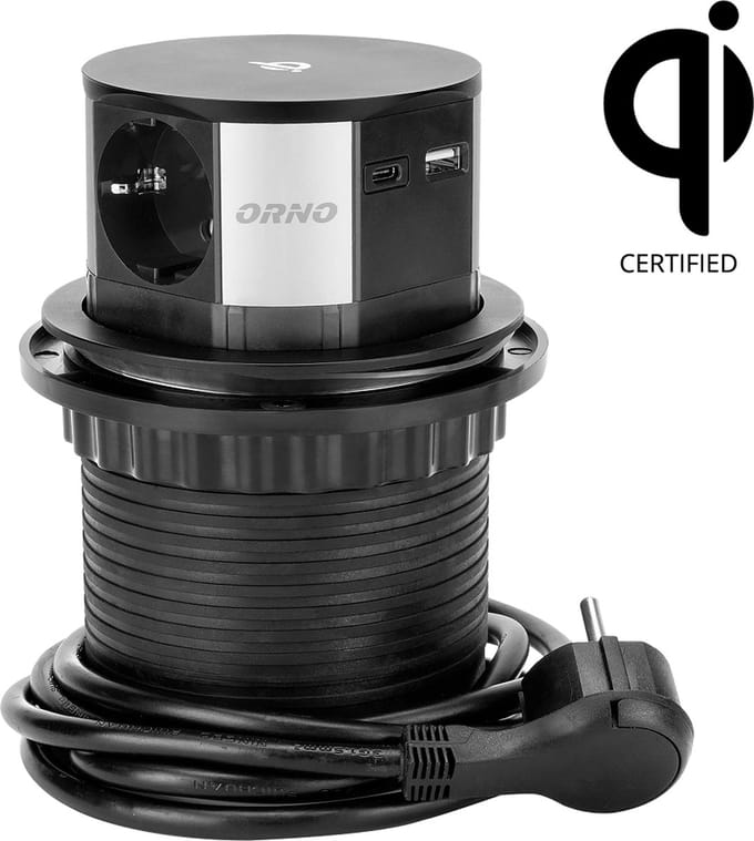 Pop-up stekkerdoos met Qi draadloze oplader - 3 Stopcontacten - USB-A+C - Quickcharge 3.0