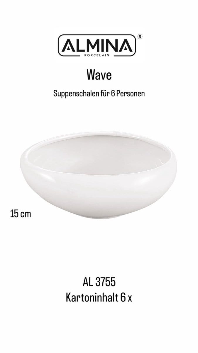 Almina Wave Soepkommen – 6 Stuks – Ø 15 cm – Porselein – Wit – Modern & Elegant Design