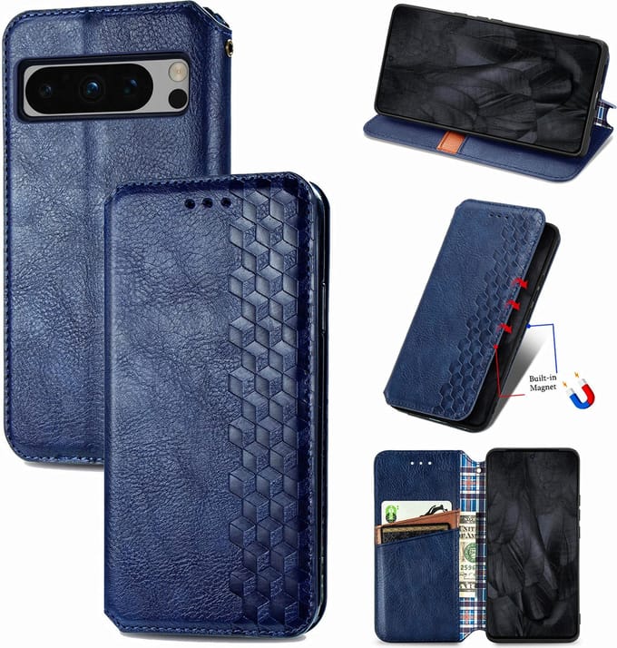 Luxe PU Lederen Ruitpatroon Wallet Case + Glas Screenprotector voor Pixel 8 Pro _ Blauw