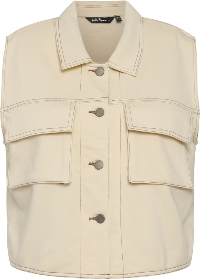 Ulla Popken - Dames - mouwloos sweatjack jeansnaden oversized overhemdkraag - Ivoor - Maat 54+