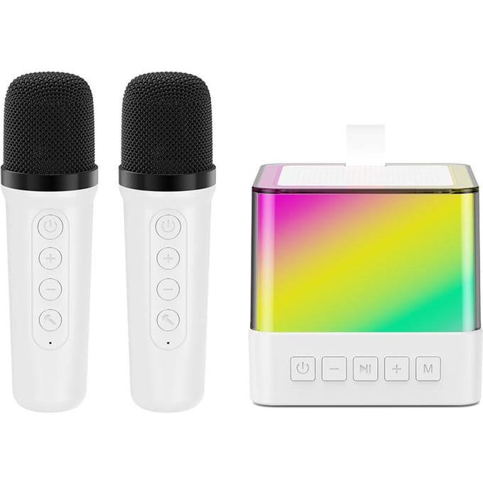 Mini Machine à karaoké, Microphone et haut-parleur sans fil, ensemble avec 2 microphones, lumière colorée LED, portable blanc