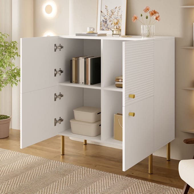 REDOM - Sideboard - Verticale Deurstructuur - Modern - Voor Woonkamer Of Hal - MDF - Wit - 80 X 36 X 90 Cm