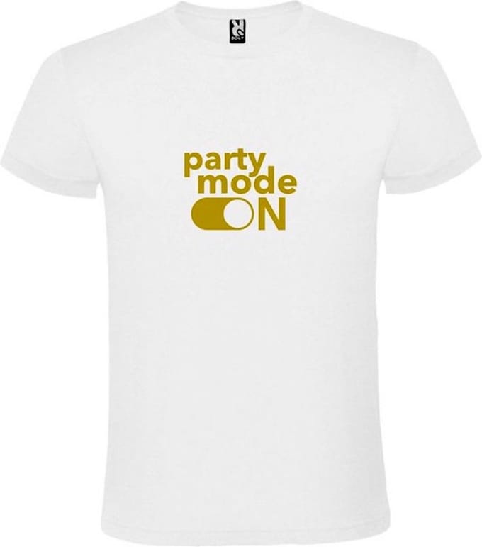 Wit T-Shirt met “ Party Mode On “ afbeelding Goud Size L