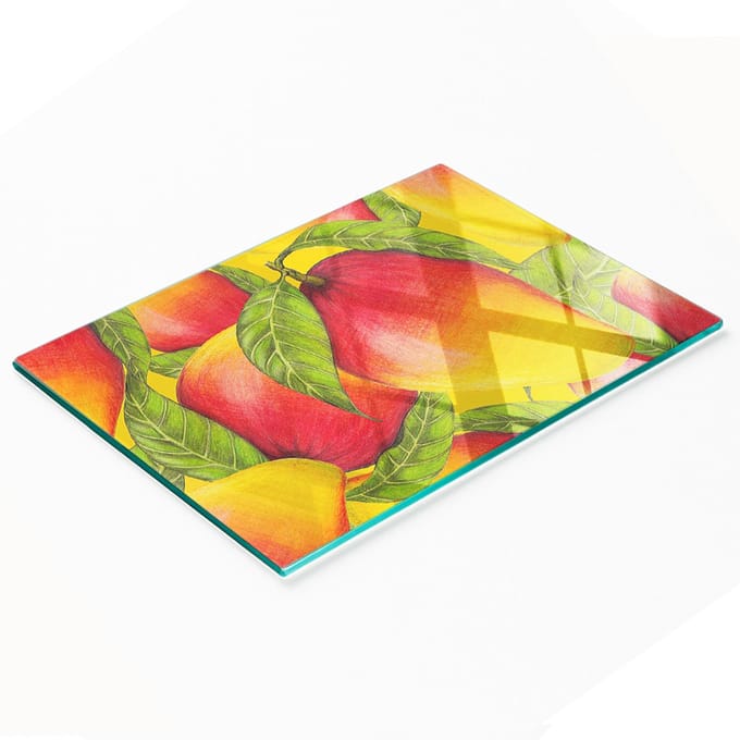 Decoratieve glazen serveerplank met afbeeldingen voor het serveren van mangosnacks, 80x52 cm