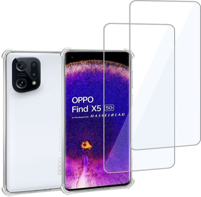 Geschikt voor OPPO Find X5 - Hoesje + 2x Screenprotector – Gehard Glas Cover + Shock Proof Case – Transparant