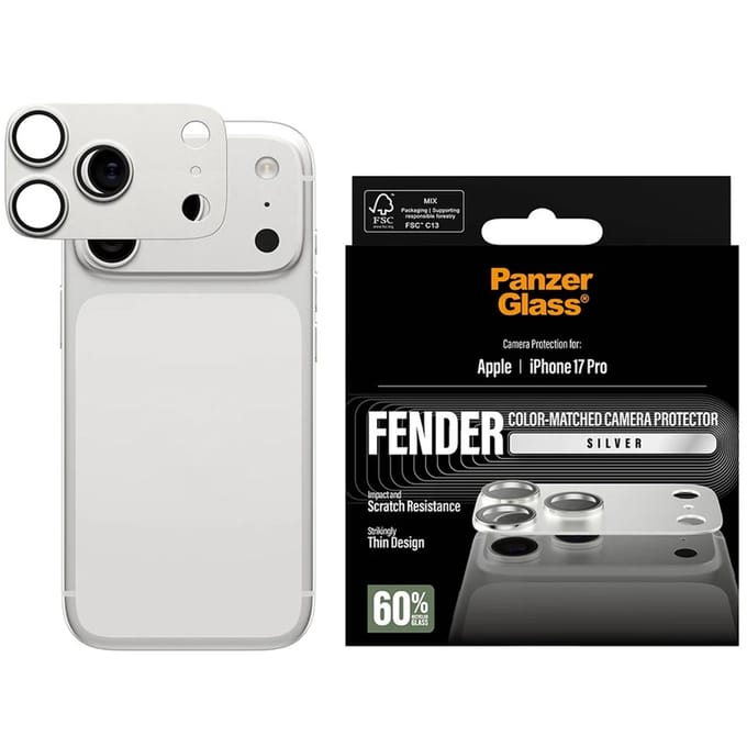 PanzerGlass Screenprotector geschikt voor Apple iPhone 17 Pro Aluminum | PanzerGlass FENDER Camera Protector - Case Friendly - Zilver