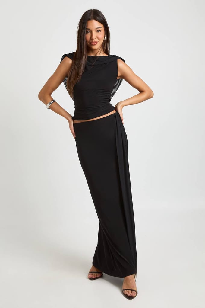 boohoo Dames Slinky Maxi Rok Met Mesh Drapering | Black | Maat: 14