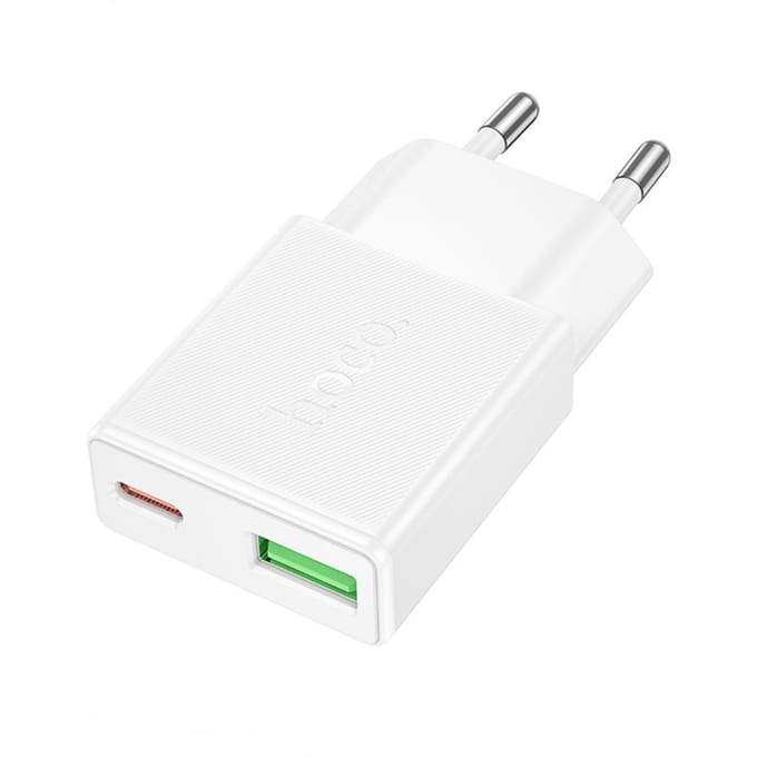 Hoco Ultra Dunne Snellader met USB-A en USB-C Poort - 20W - Wit