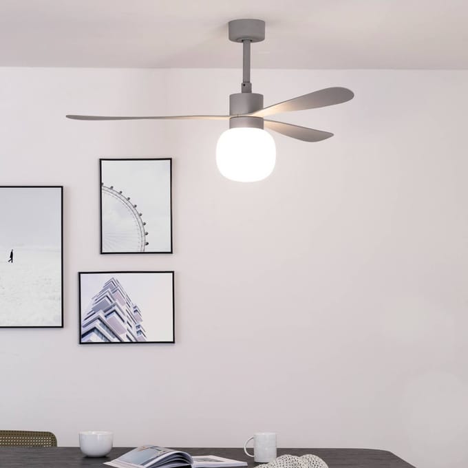 FARO BARCELONA LED plafondventilator Amelia Ball L, grijs, DC, stil, 132 cm