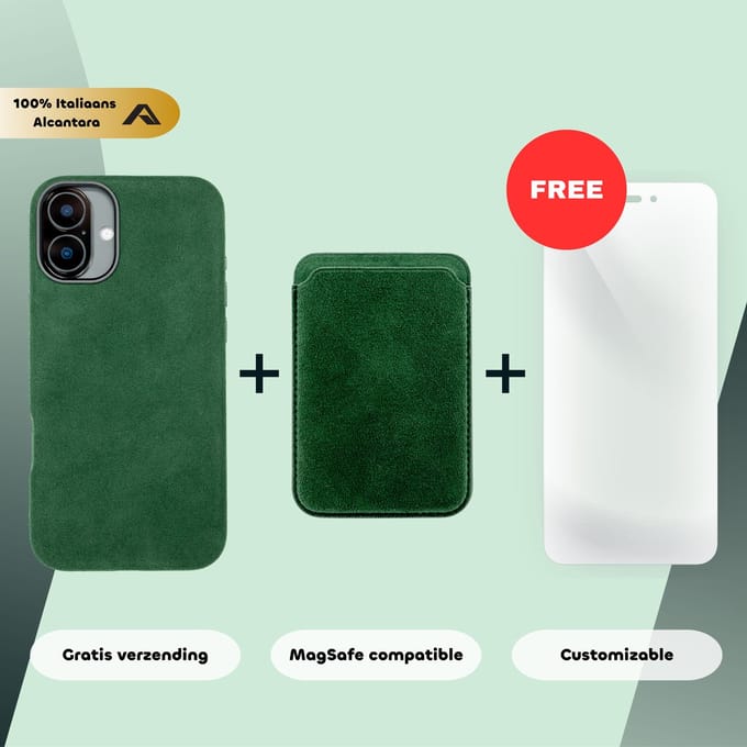 iPhone 16 – Alcantara Case + MagSafe Wallet + Gratis Screenprotector | Emerald Green