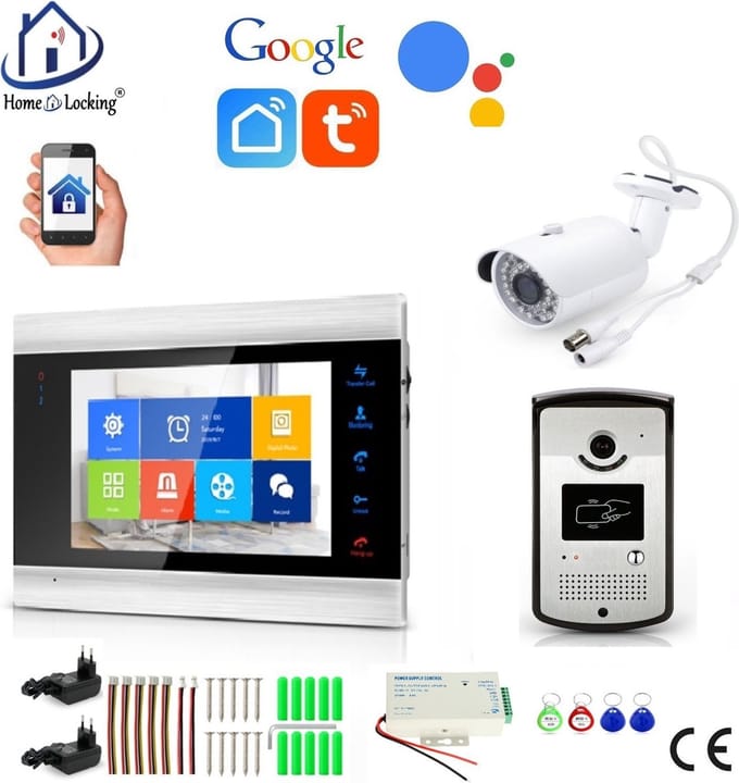 WIFI videofoon/intercom met 1 deurbel camera + 1 binnen paneel/scherm en kan werken met spraak gestuurde apps. T-2102VC