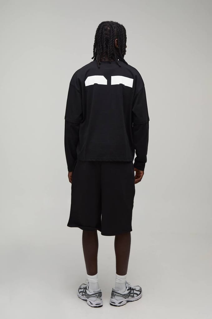 Oversized Boxy Faux Layer V Neck T-Shirt And Short Set | Black | Size Medium