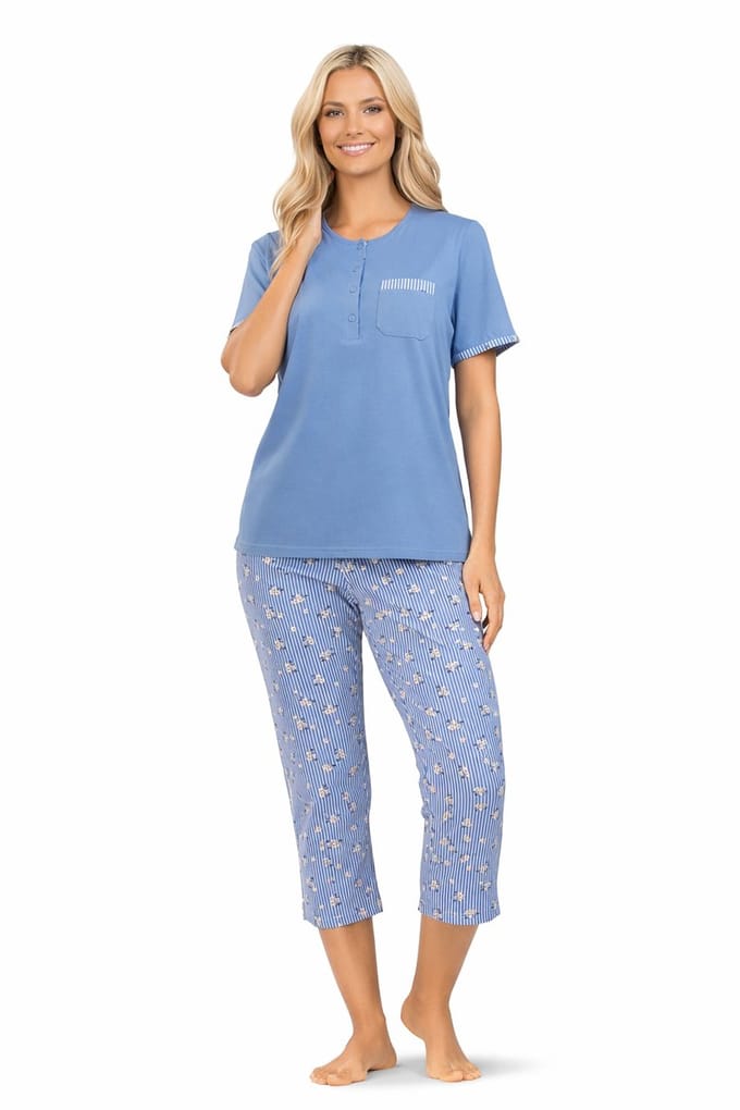 Comtessa Dames Pyjama – Zomer – 7/8 Broek – 100% Katoen – Blauw - maat 48