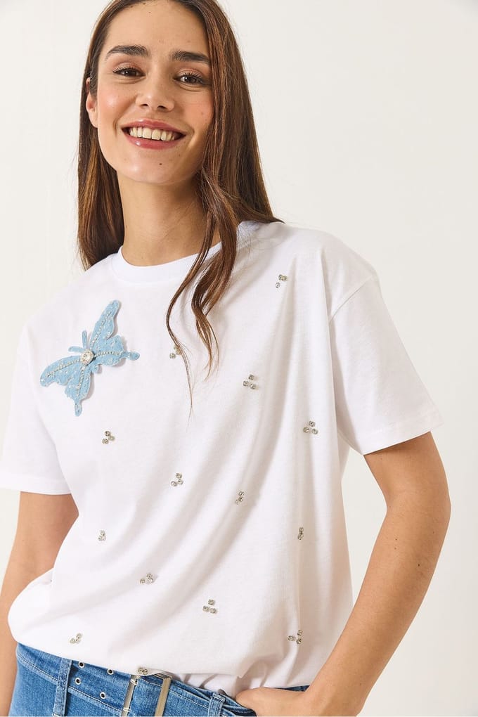 Geborduurd T-shirt met ronde hals