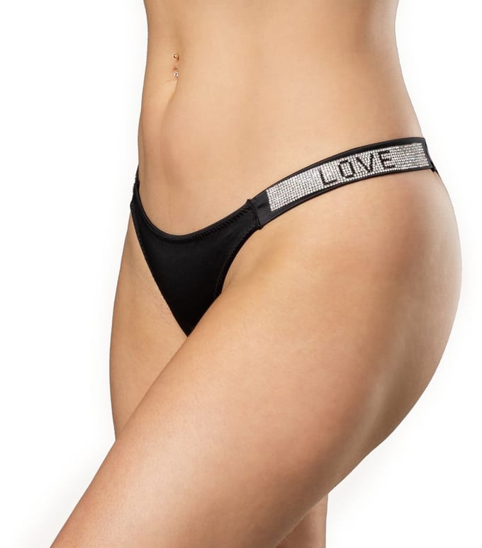 Amorable - String met Strass - Love - One size - Zwart/Zilver
