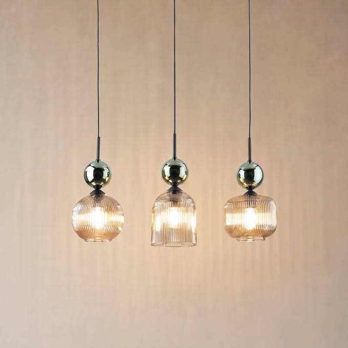 SOPHIA GREEN COGNAC Glazen Hanglamp 3x E14 - Stijlvol Amber & Groen