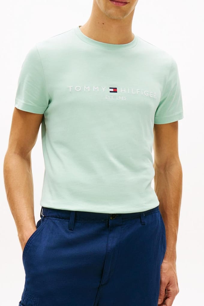 Tommy Hilfiger Tommy Logo Tee Crushed Mint Größe: S | Basic T-Shirts Outlet | Herren | Cyan