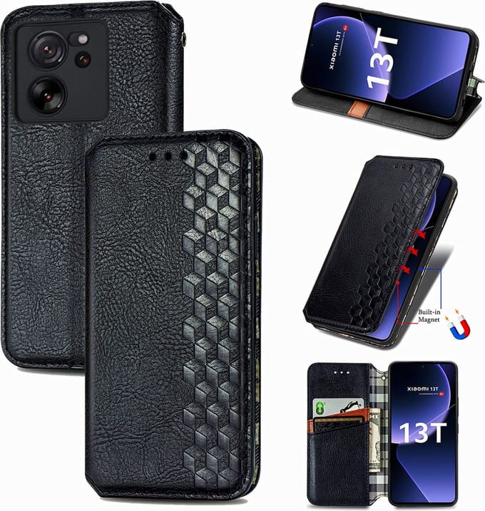 Luxe PU Lederen Ruitpatroon Wallet Case + Screenprotector voor Xiaomi 13T / 13T Pro _ Zwart