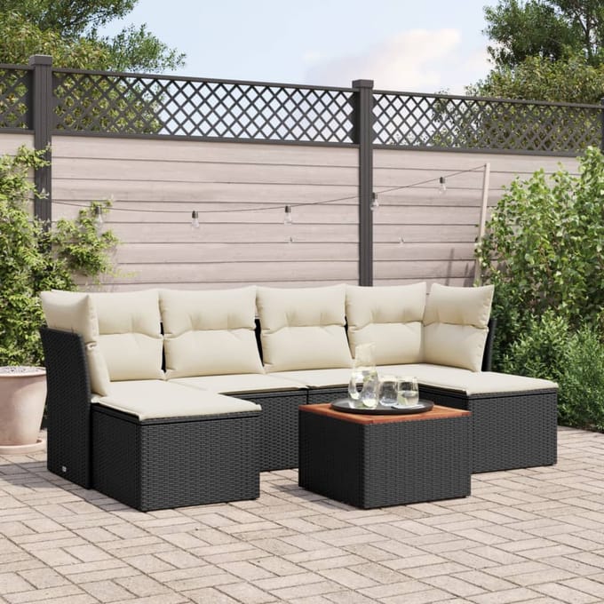 vidaXL - 7-delige - Loungeset - met - kussens - poly - rattan - zwart