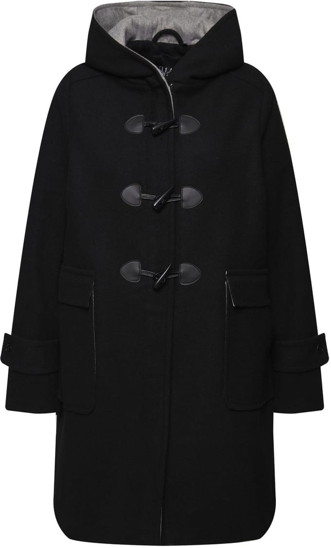 Ulla Popken - Dames - Duffelcoat A-lijn wolmix capuchon houtje-touwtjeknopen - Zwart - Maat 46+