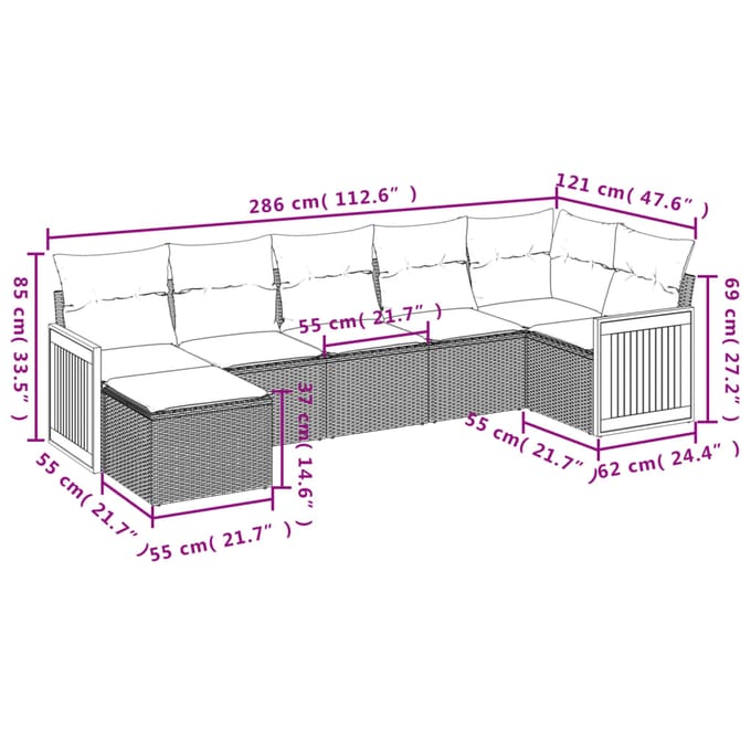 vidaXL - 7-delige - Loungeset - met - kussens - poly - rattan - zwart