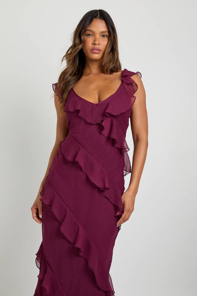 boohoo Dames Chiffon ruche bandjes maxi-jurk | Wijn | Maat: 44