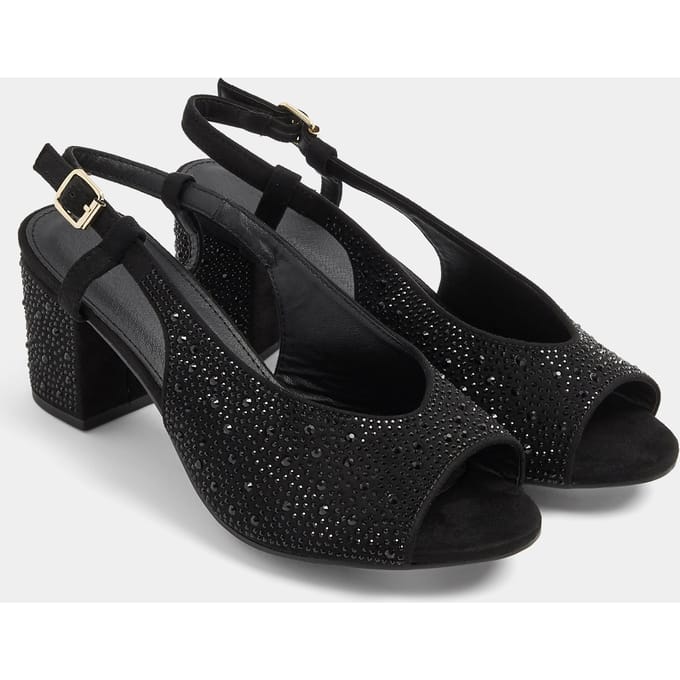 Yours Zwarte Diamanten Open Teen Slingback Blokhak In Brede Epasvormsize 42E