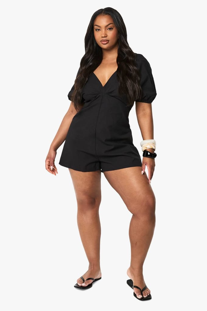 boohoo Dames Plus Linnenlook Strik Zwarte Pofmouw Playsuit | Black | Maat: 28