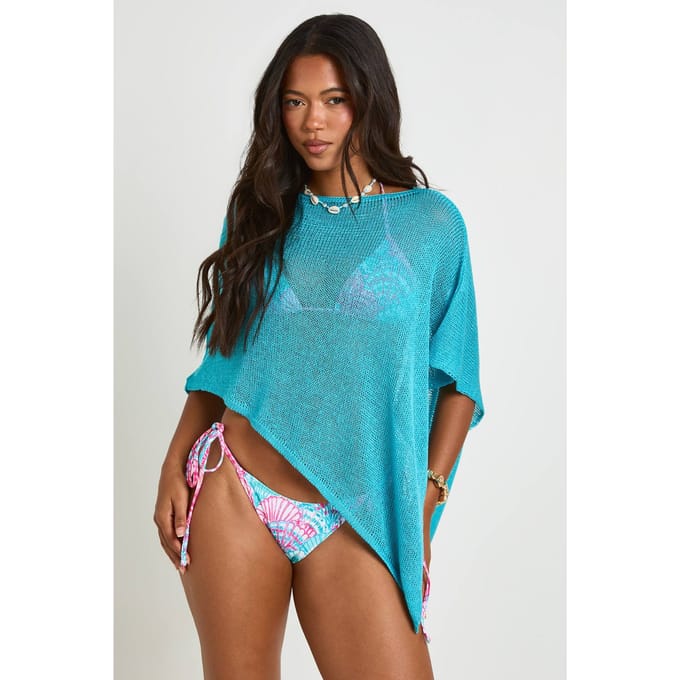 boohoo Dames Gebreide Cape Met Doorzichtige Open Structuur En Slash-hals | Aqua | Maat: Medium