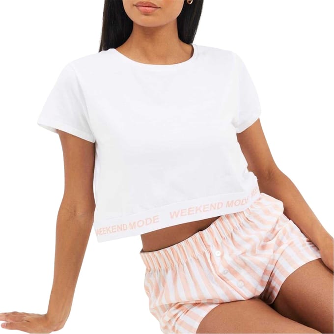 Brave Soul Gestreepte korte pyjamaset voor dames in weekendstijl (Wit/Perzik)