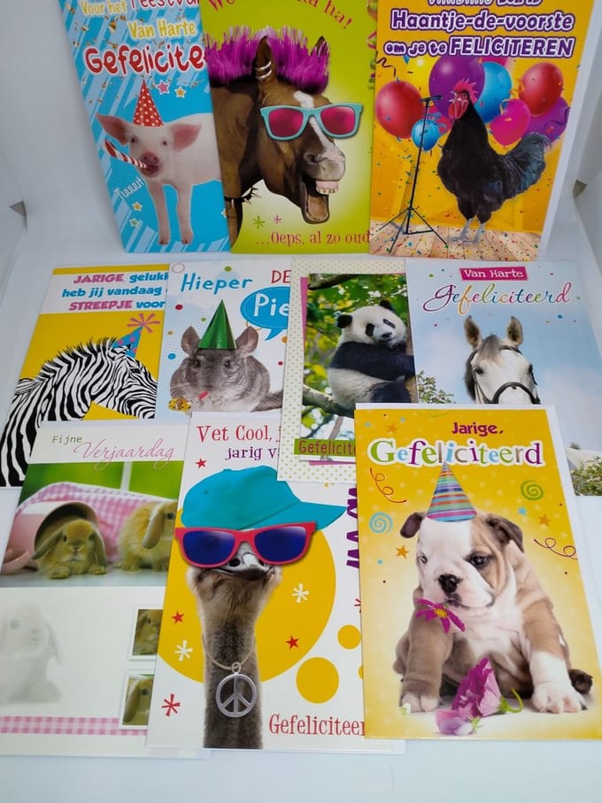 10 wenskaarten van harte gefeliciteerd - Dieren  - verjaardag Dieren - 12x17 cm