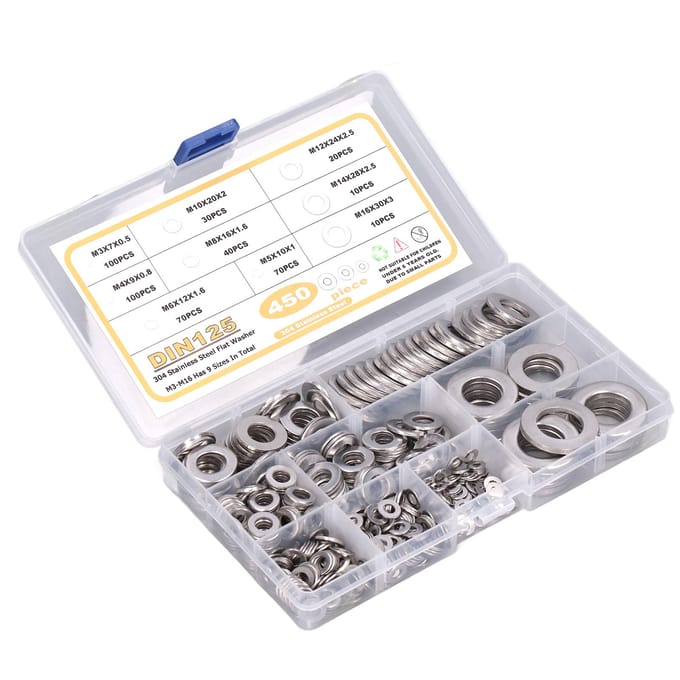 450 stuks platte ring 304 roestvrij staal M3 M4 M5 M6 M8 M10 M12 M14 M16 assortimentsset