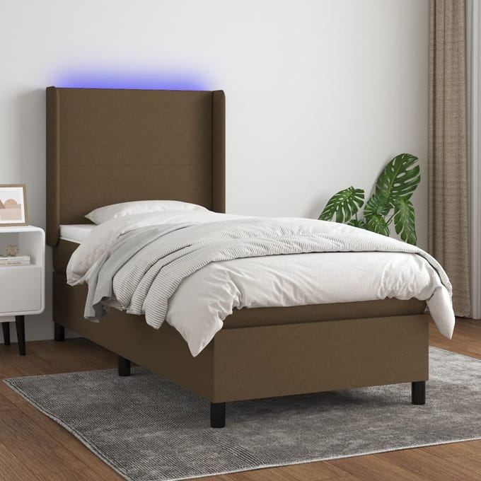 vidaXL - Boxspring - met - matras - en - LED - stof - donkerbruin - 90x190 - cm
