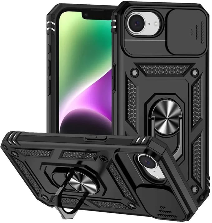 MobyDefend Hoesje - Geschikt voor iPhone 16e / iPhone 17e - Pantsercase Met Draaibare Ring - Zwart