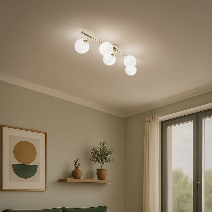 Domiluce Plafondlamp Drum, goudkleurig, glas, lengte 80 cm, 5-lamps