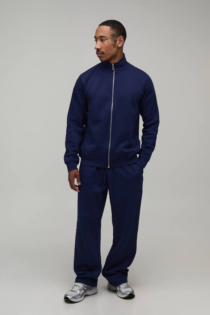 Regular Funnel Neck Sweatshirt Met Rits En Rechte Pijp Joggingbroek | Navy | Size Small