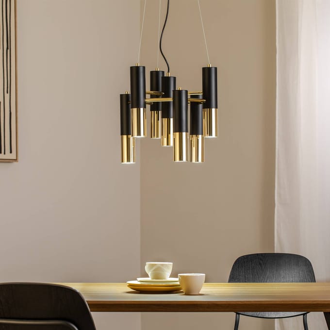 Domiluce Hanglamp Orino, zwart/goud, metaal, 7-lamps, GU10