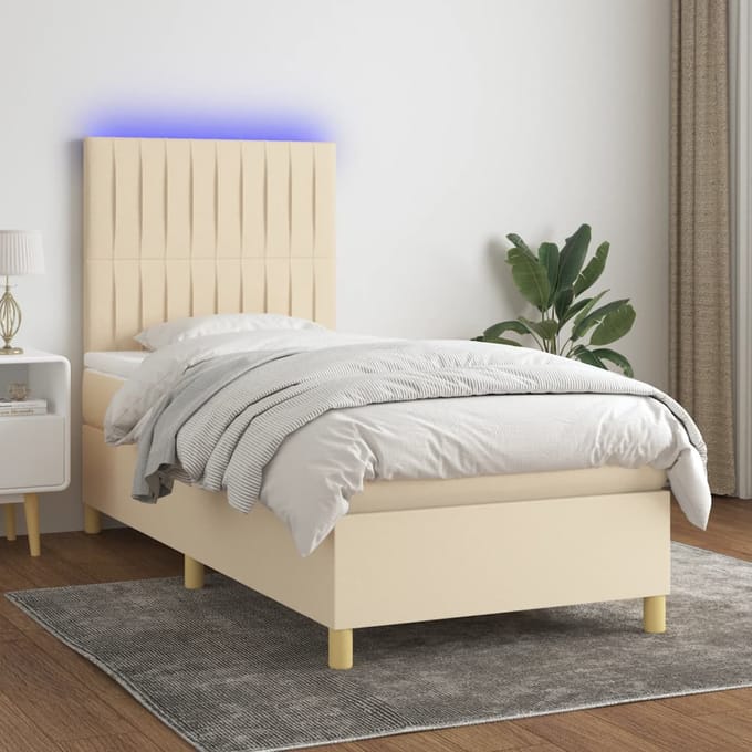 vidaXL - Boxspring - met - matras - en - LED - stof - crèmekleurig - 90x190 - cm