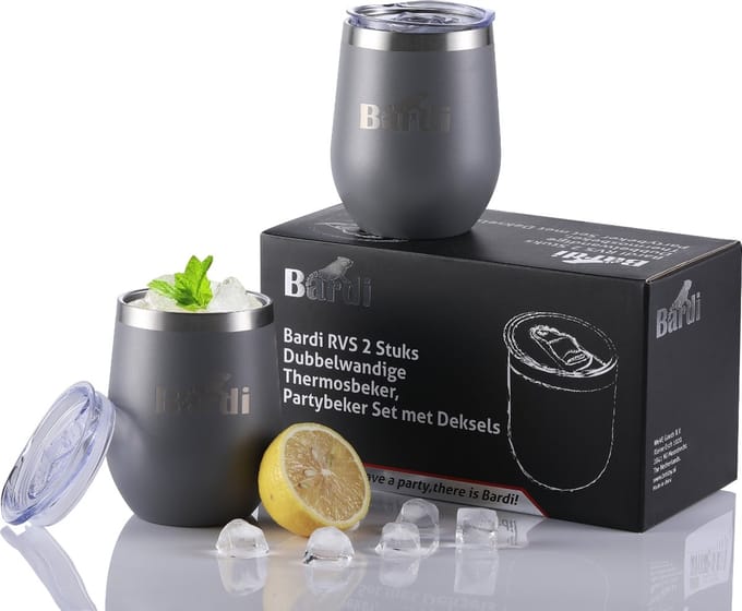Bardi RVS 2 Stuks Dubbelwandige Thermosbeker, Partybeker Set met Deksels – GRIJS