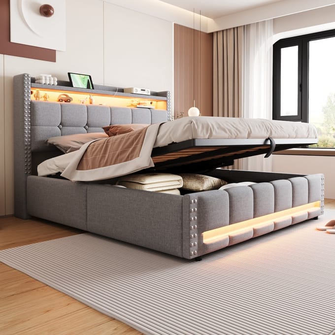 REDOM Opbergbed 160x200 cm – Linnen – Hydraulisch – LED & USB – Lichtgrijs – 250 kg